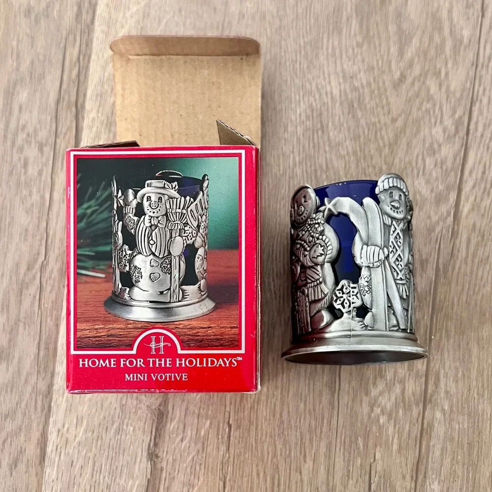NIB Home For The Holidays Mini Votive Candle Holder Pewter Blue Glass Snow Man